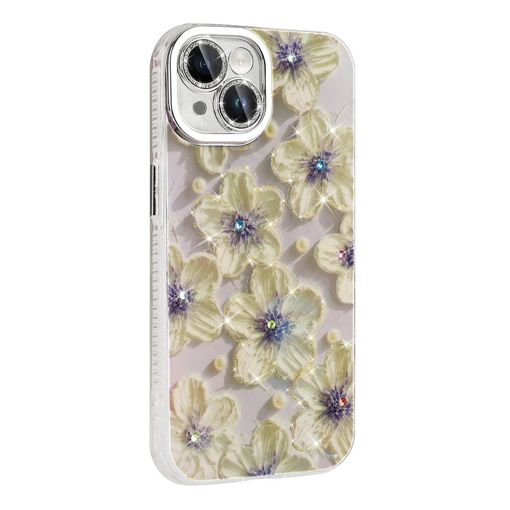 Apple iPhone 15 Kılıf Çiçek Desenli Parlak Taşlı Sert Silikon Zore Garden Kapak Colorful