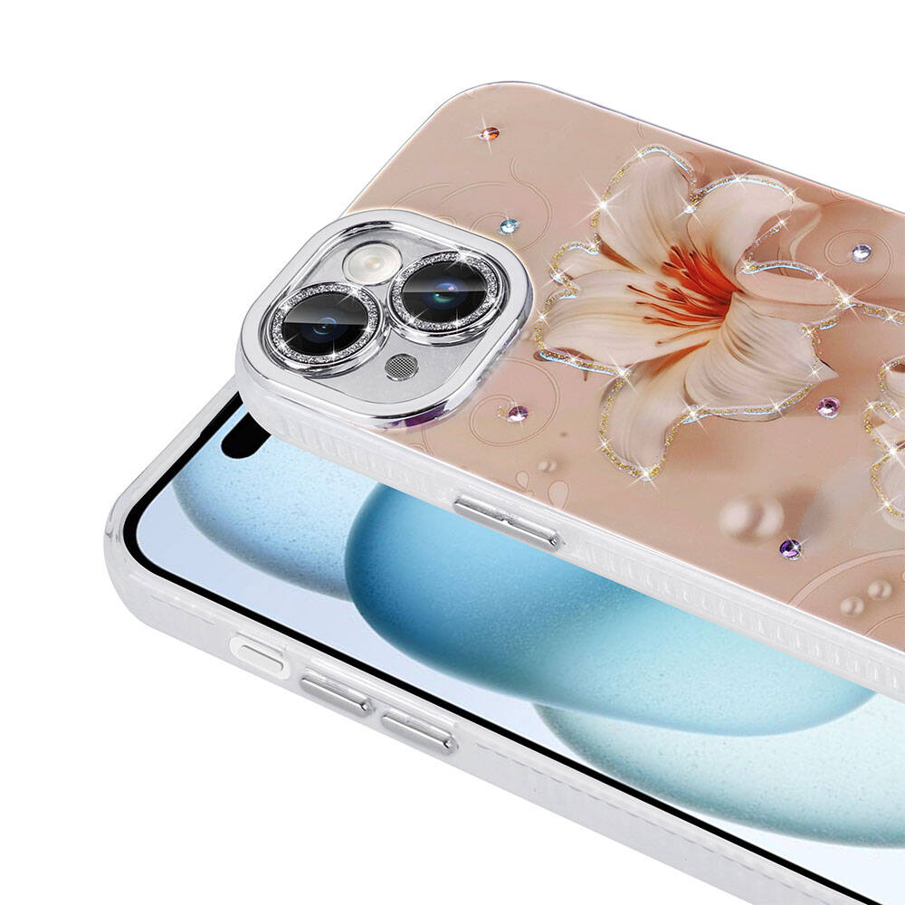 Apple iPhone 15 Kılıf Çiçek Desenli Parlak Taşlı Sert Silikon Zore Garden Kapak Colorful