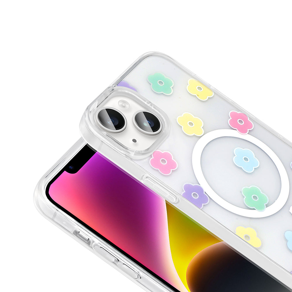 Apple iPhone 15 Kılıf M-Safe Şarj Özellikli Şeffaf Zore Folk Sert Kapak Papatya