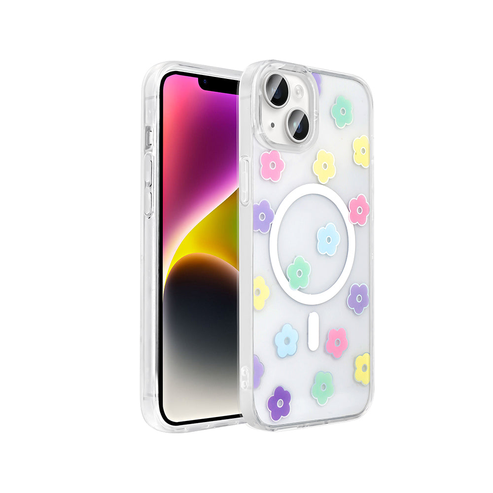 Apple iPhone 15 Kılıf M-Safe Şarj Özellikli Şeffaf Zore Folk Sert Kapak Papatya