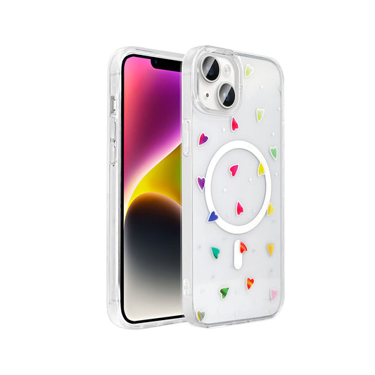 Apple iPhone 15 Kılıf M-Safe Şarj Özellikli Şeffaf Zore Folk Sert Kapak Kalp