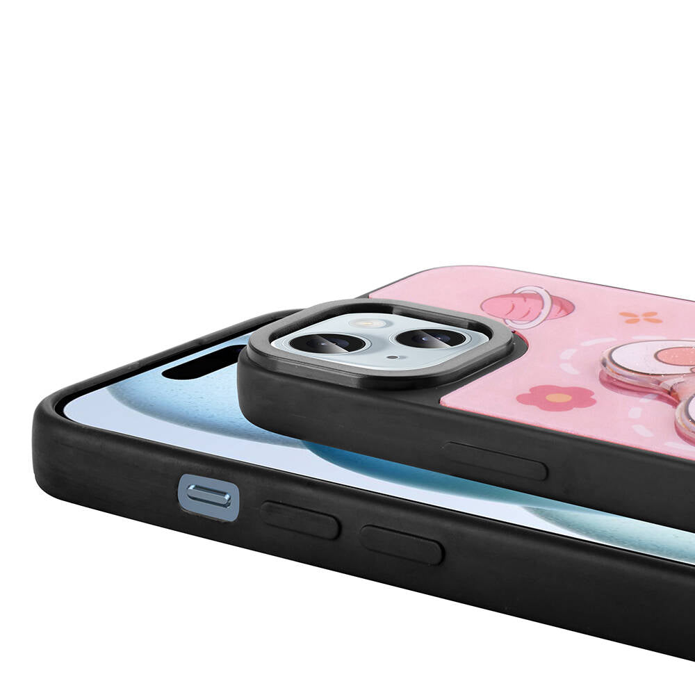 Apple iPhone 15 Kılıf Parlayan Kabartmalı İkonik Figürlü Zore Amas Silikon Kapak Pembe
