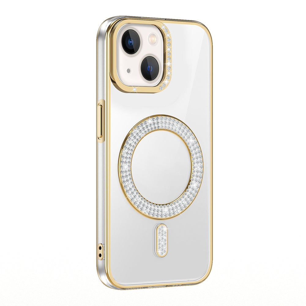 Apple iPhone 15 Kılıf Pırlanta Taş Tasarımlı M-safe Şarj Özellikli Zore Karetta Silikon Kapak Rose Gold