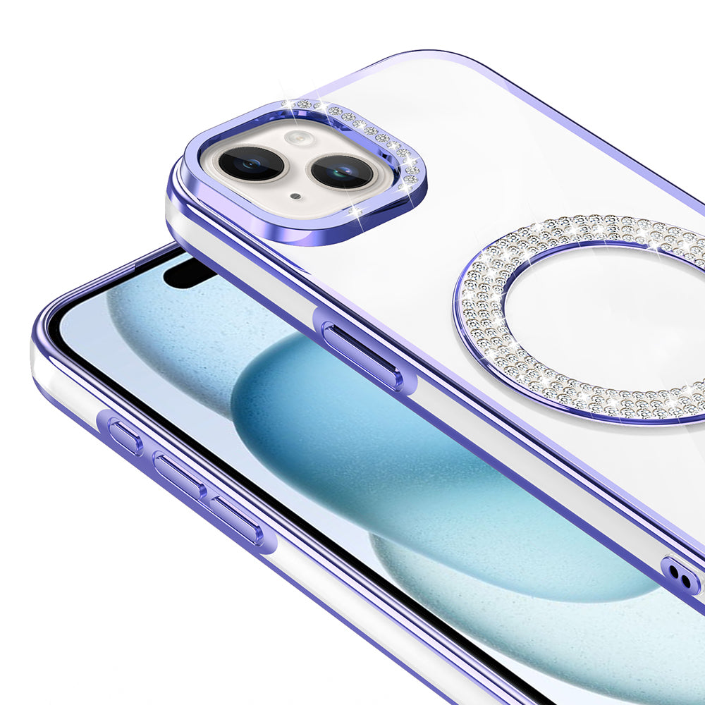 Apple iPhone 15 Kılıf Pırlanta Taş Tasarımlı M-safe Şarj Özellikli Zore Karetta Silikon Kapak Mor