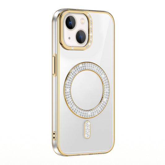 Apple iPhone 15 Kılıf Pırlanta Taş Tasarımlı M-safe Şarj Özellikli Zore Karetta Silikon Kapak Gold