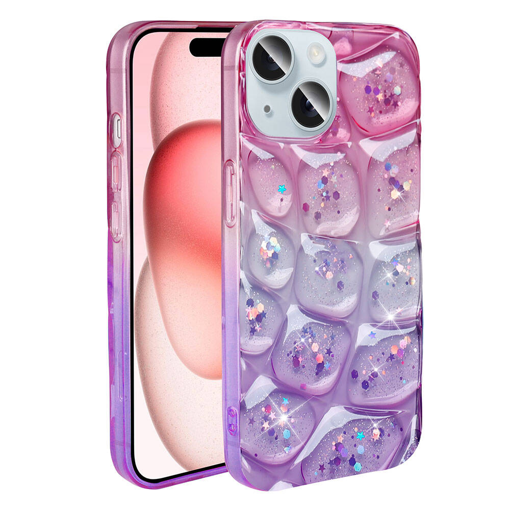 Apple iPhone 15 Kılıf Simli 3D Desenli Zore Hacar Kapak Pembe-Mavi