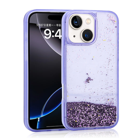 Apple iPhone 15 Kılıf Sıvılı Simli Şeffaf Arka Yüzey Zore Keto Silikon Kapak Mor