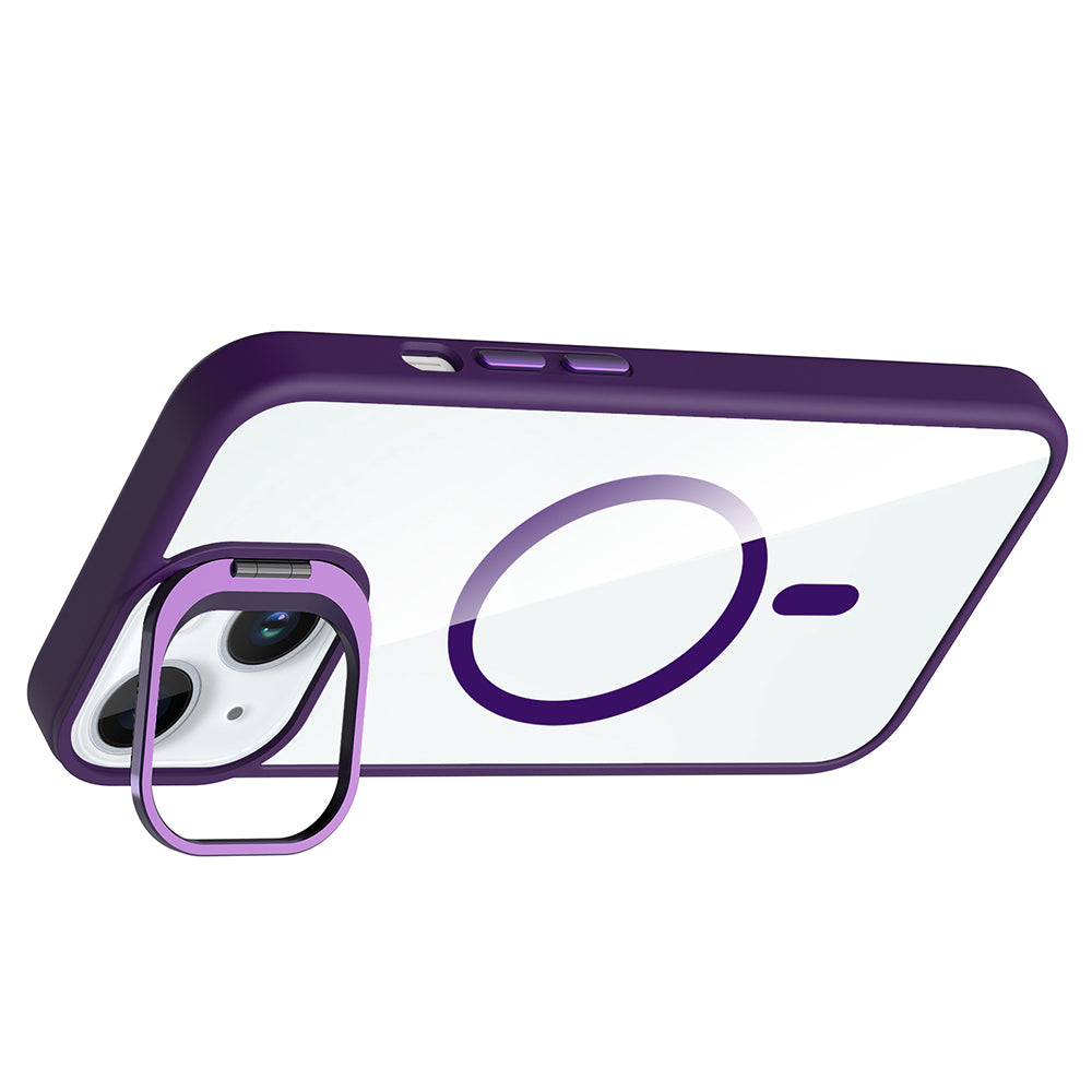 Apple iPhone 15 Kılıf Standlı ve Kamera Lens Hediyeli M-Safe Şarj Özellikli Zore Etro Kapak Pembe