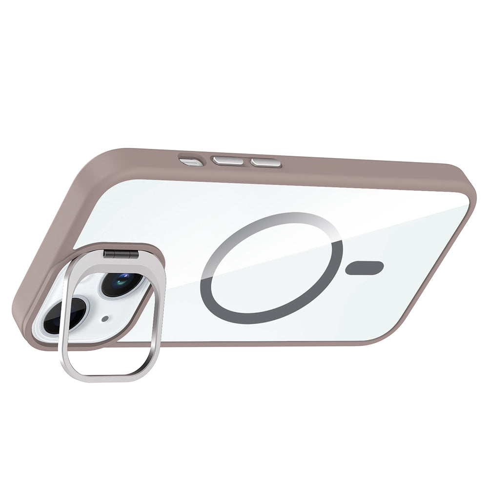 Apple iPhone 15 Kılıf Standlı ve Kamera Lens Hediyeli M-Safe Şarj Özellikli Zore Etro Kapak Gri