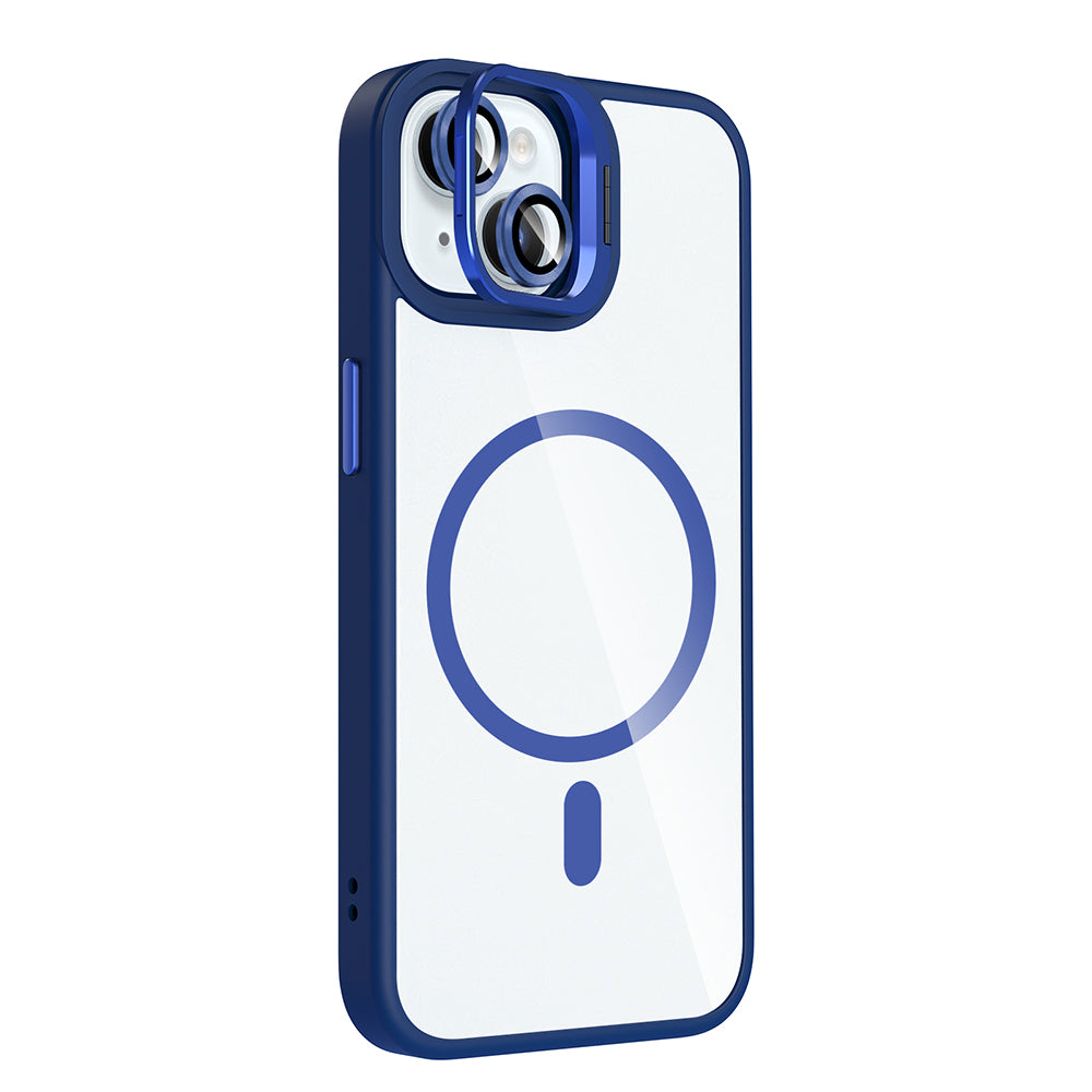 Apple iPhone 15 Kılıf Standlı ve Kamera Lens Hediyeli M-Safe Şarj Özellikli Zore Etro Kapak Lacivert