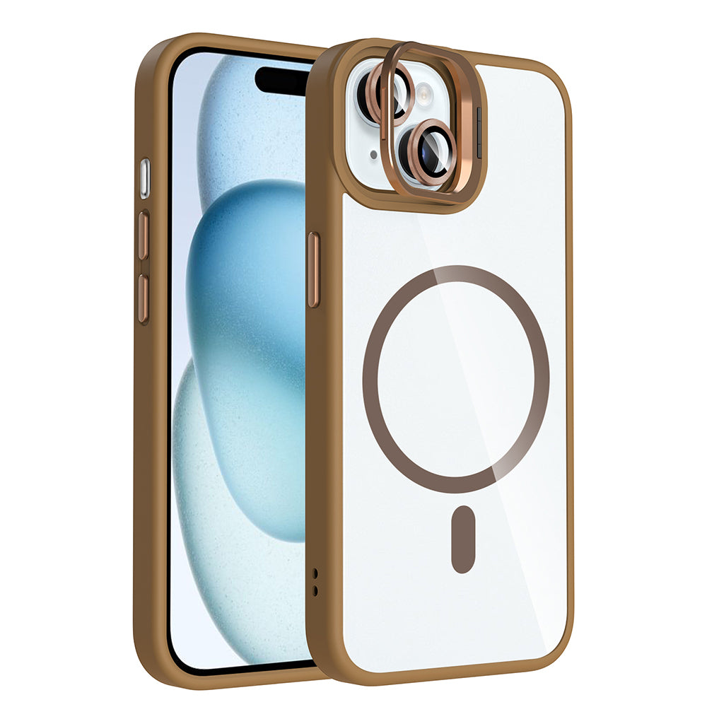 Apple iPhone 15 Kılıf Standlı ve Kamera Lens Hediyeli M-Safe Şarj Özellikli Zore Etro Kapak Desert Titanyum