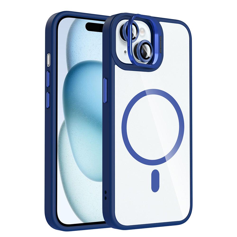 Apple iPhone 15 Kılıf Standlı ve Kamera Lens Hediyeli M-Safe Şarj Özellikli Zore Etro Kapak Lacivert