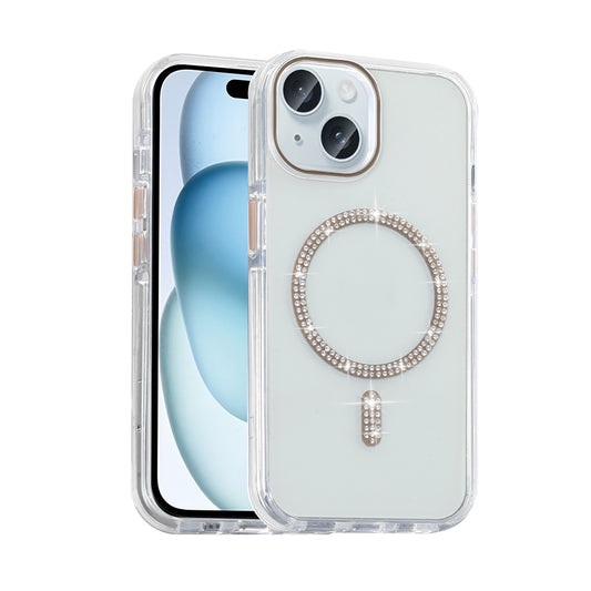 Apple iPhone 15 Kılıf Taşlı Tasarım M-safe Şarj Özellikli Zore Koment Silikon Kapak Gold