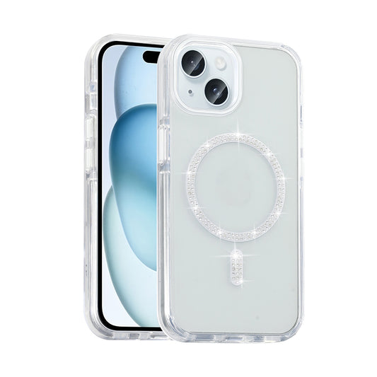 Apple iPhone 15 Kılıf Taşlı Tasarım M-safe Şarj Özellikli Zore Koment Silikon Kapak Gümüş