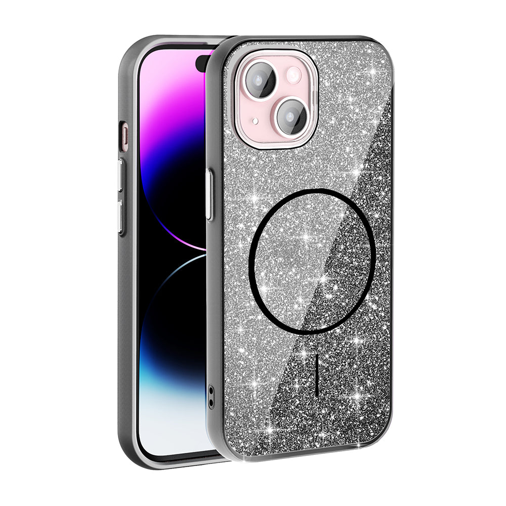 Apple iPhone 15 Plus Kılıf M-safe Şarj Özellikli Parlayan Simli Zore Okso Kapak Siyah