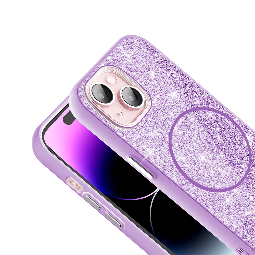 Apple iPhone 15 Plus Kılıf M-safe Şarj Özellikli Parlayan Simli Zore Okso Kapak Derin Mor