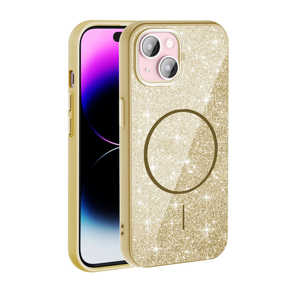Apple iPhone 15 Plus Kılıf M-safe Şarj Özellikli Parlayan Simli Zore Okso Kapak Gold