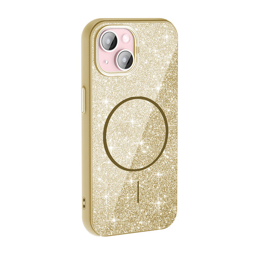 Apple iPhone 15 Plus Kılıf M-safe Şarj Özellikli Parlayan Simli Zore Okso Kapak Gold