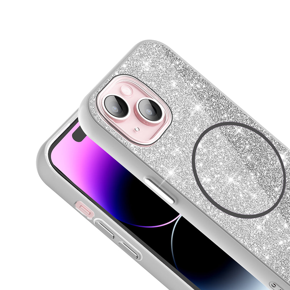 Apple iPhone 15 Plus Kılıf M-safe Şarj Özellikli Parlayan Simli Zore Okso Kapak Pembe