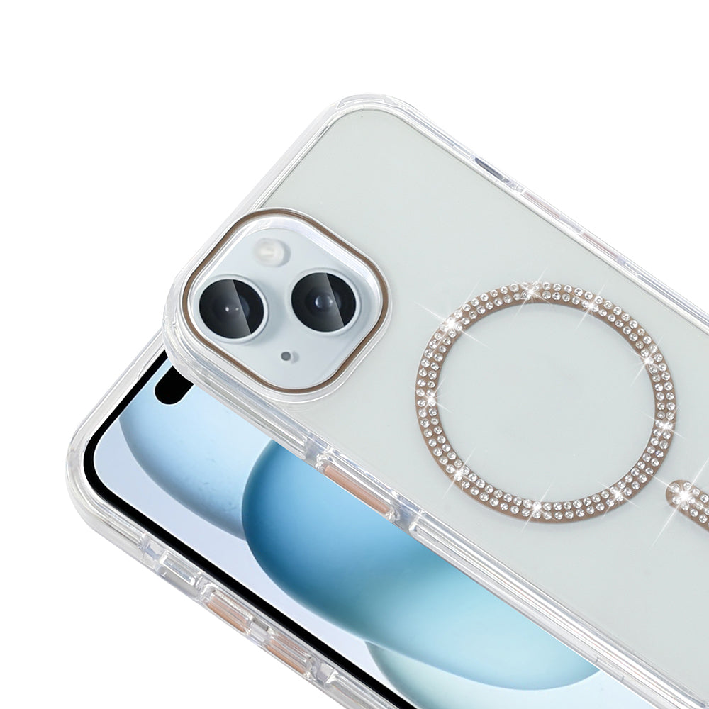 Apple iPhone 15 Plus Kılıf Taşlı Tasarım M-safe Şarj Özellikli Zore Koment Silikon Kapak Gümüş