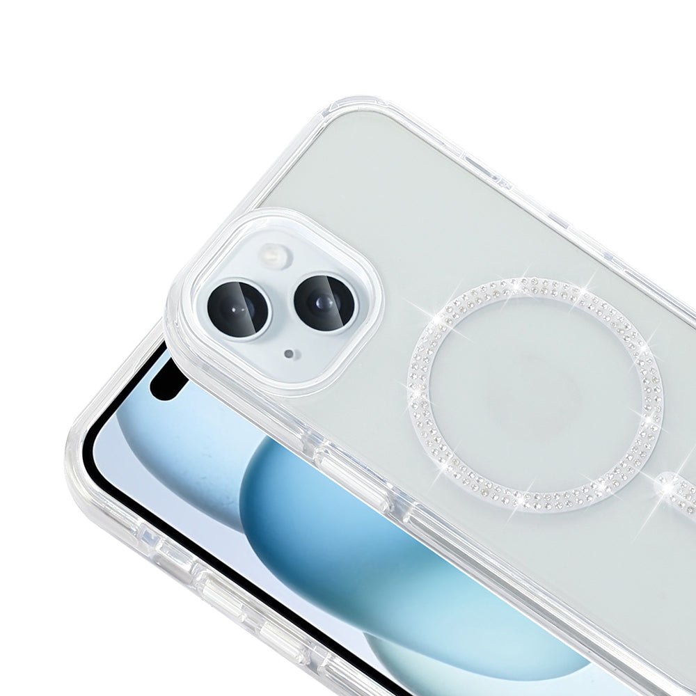 Apple iPhone 15 Plus Kılıf Taşlı Tasarım M-safe Şarj Özellikli Zore Koment Silikon Kapak Gold