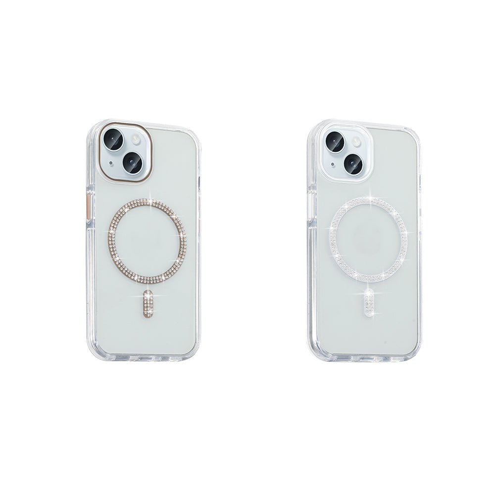 Apple iPhone 15 Plus Kılıf Taşlı Tasarım M-safe Şarj Özellikli Zore Koment Silikon Kapak Gümüş