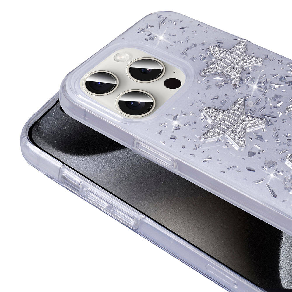 Apple iPhone 15 Pro Kılıf Airbagli Simli Arka Yüzey Zore Işıltı Silikon Kapak Beyaz-Kalp