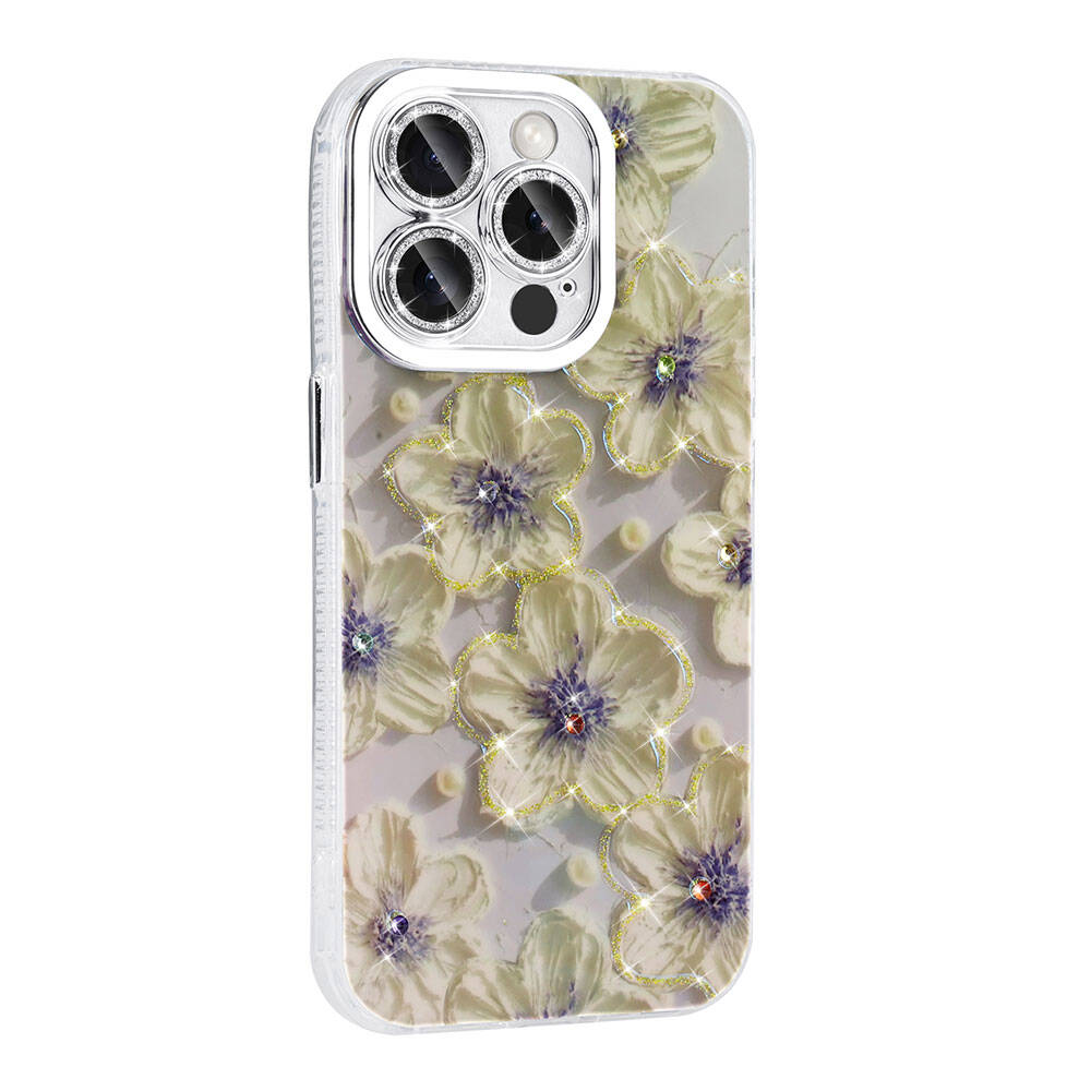 Apple iPhone 15 Pro Kılıf Çiçek Desenli Parlak Taşlı Sert Silikon Zore Garden Kapak Colorful