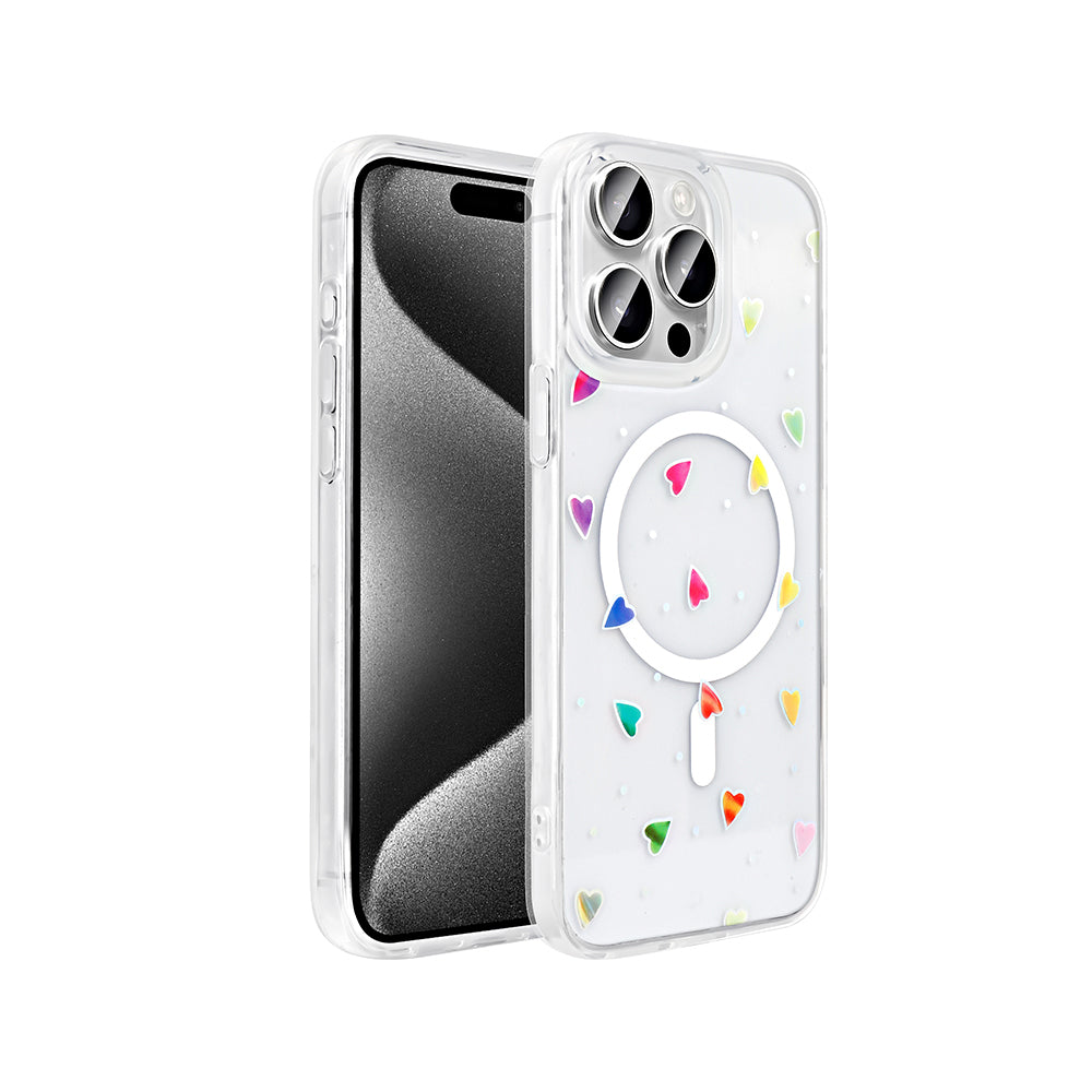 Apple iPhone 15 Pro Kılıf M-Safe Şarj Özellikli Şeffaf Zore Folk Sert Kapak Çilek