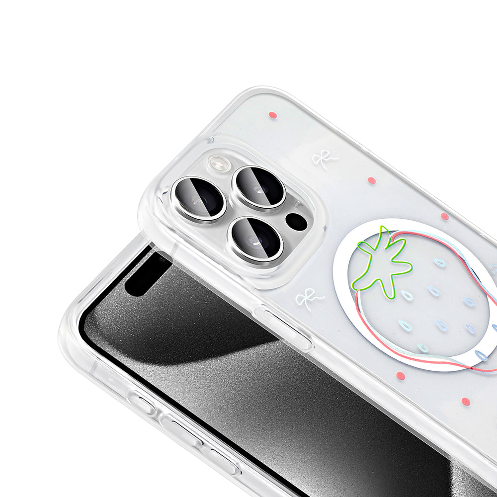 Apple iPhone 15 Pro Kılıf M-Safe Şarj Özellikli Şeffaf Zore Folk Sert Kapak Çilek