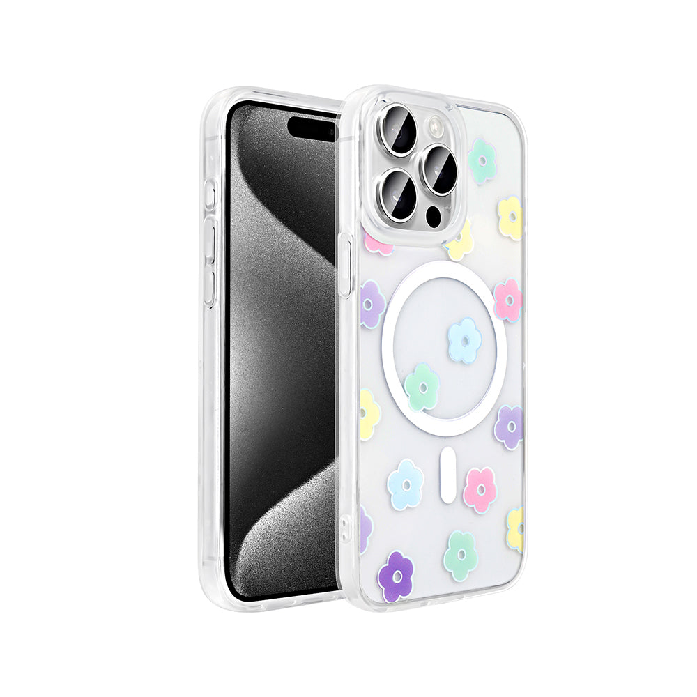 Apple iPhone 15 Pro Kılıf M-Safe Şarj Özellikli Şeffaf Zore Folk Sert Kapak Papatya