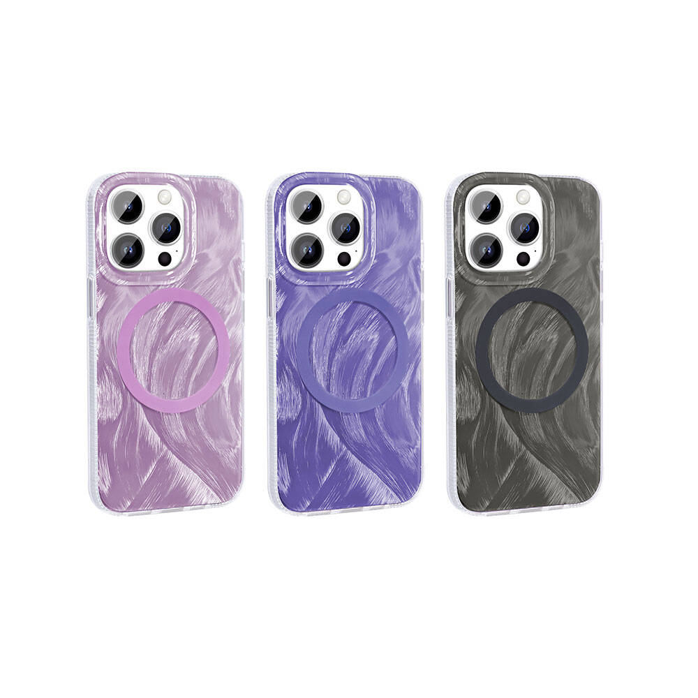 Apple iPhone 15 Pro Kılıf M-safe Şarj Özellikli Fırça Boya Desenli Zore Palet Kapak Mor