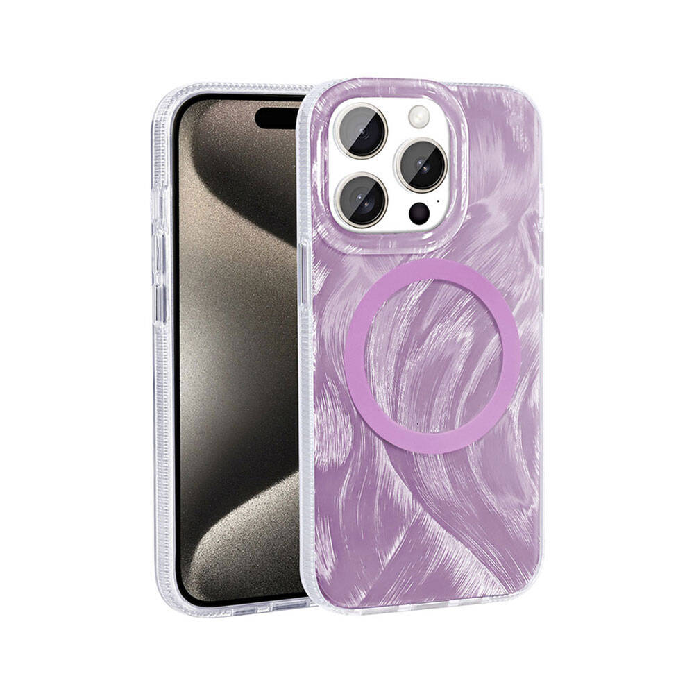 Apple iPhone 15 Pro Kılıf M-safe Şarj Özellikli Fırça Boya Desenli Zore Palet Kapak Mor