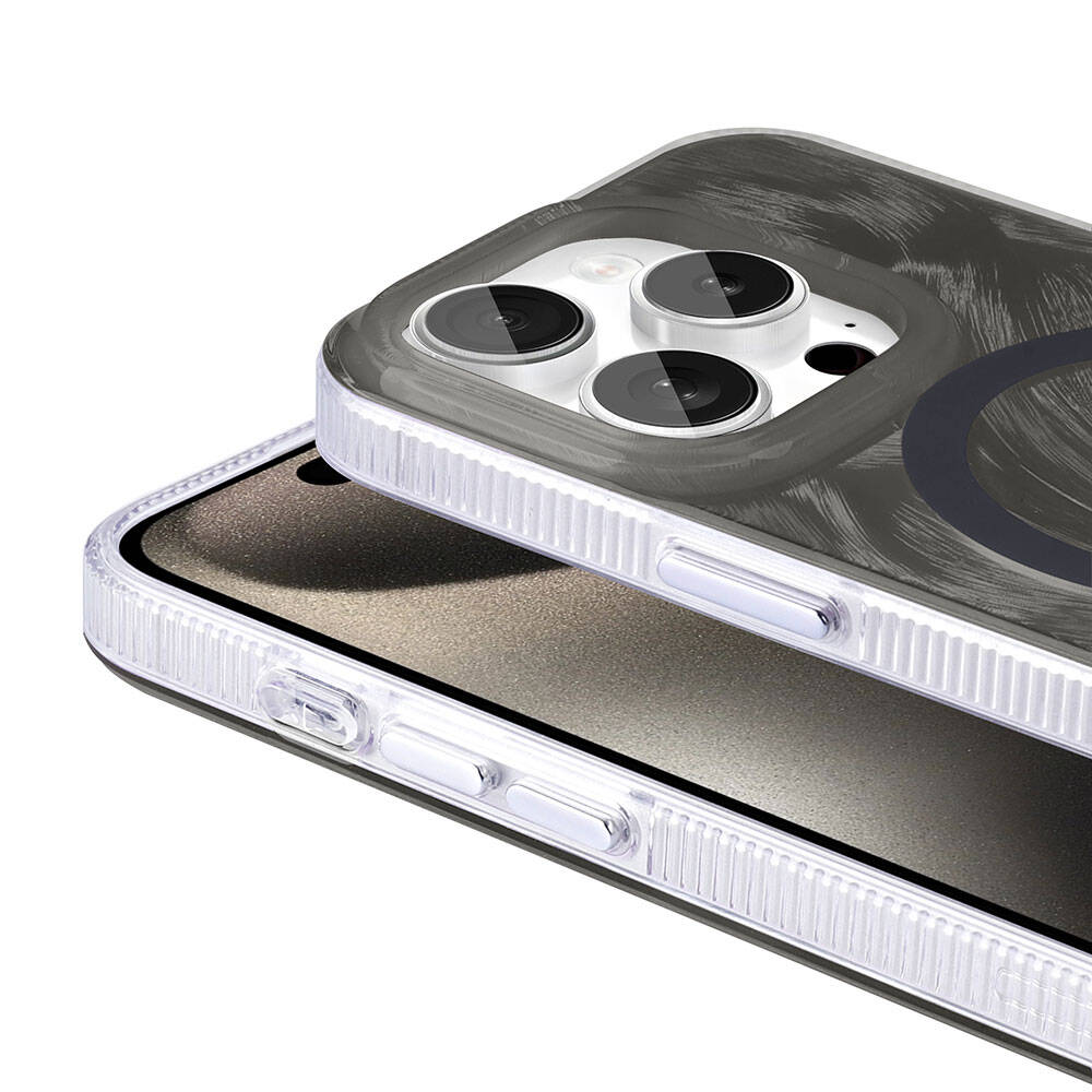 Apple iPhone 15 Pro Kılıf M-safe Şarj Özellikli Fırça Boya Desenli Zore Palet Kapak Mor