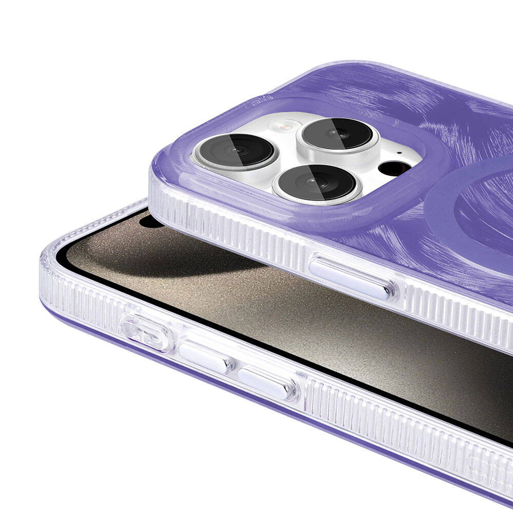 Apple iPhone 15 Pro Kılıf M-safe Şarj Özellikli Fırça Boya Desenli Zore Palet Kapak Mor
