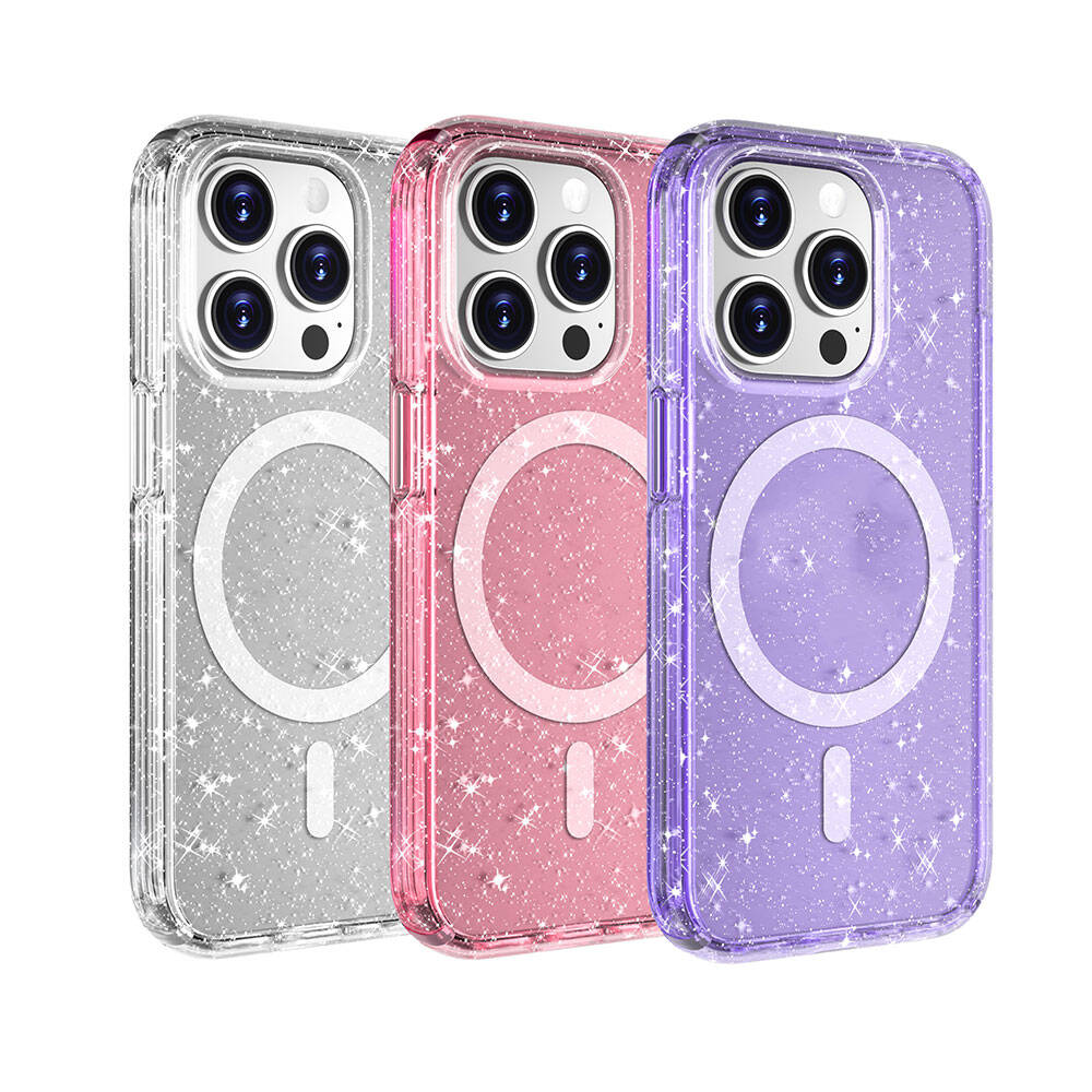 Apple iPhone 15 Pro Kılıf M-safe Şarj Özellikli Parlayan Simli Saydam Renkli Zore Allstar Kapak Pembe