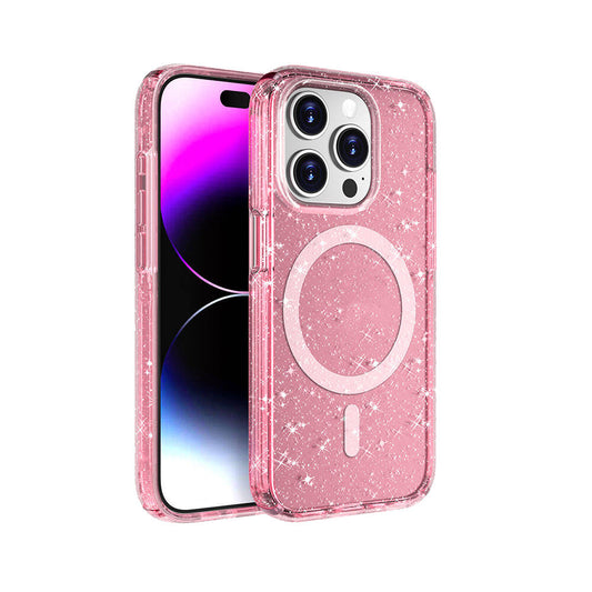 Apple iPhone 15 Pro Kılıf M-safe Şarj Özellikli Parlayan Simli Saydam Renkli Zore Allstar Kapak Pembe