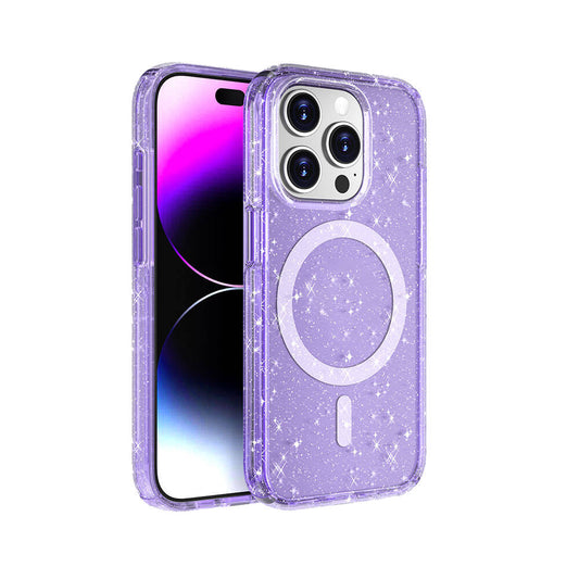 Apple iPhone 15 Pro Kılıf M-safe Şarj Özellikli Parlayan Simli Saydam Renkli Zore Allstar Kapak Mor