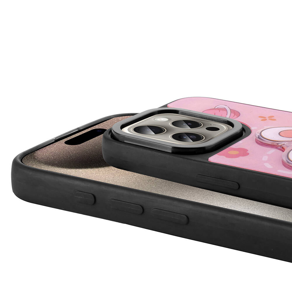 Apple iPhone 15 Pro Kılıf Parlayan Kabartmalı İkonik Figürlü Zore Amas Silikon Kapak Pembe