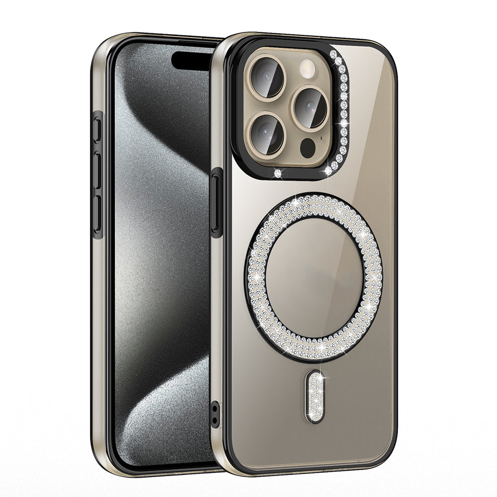 Apple iPhone 15 Pro Kılıf Pırlanta Taş Tasarımlı M-safe Şarj Özellikli Zore Karetta Silikon Kapak Gold