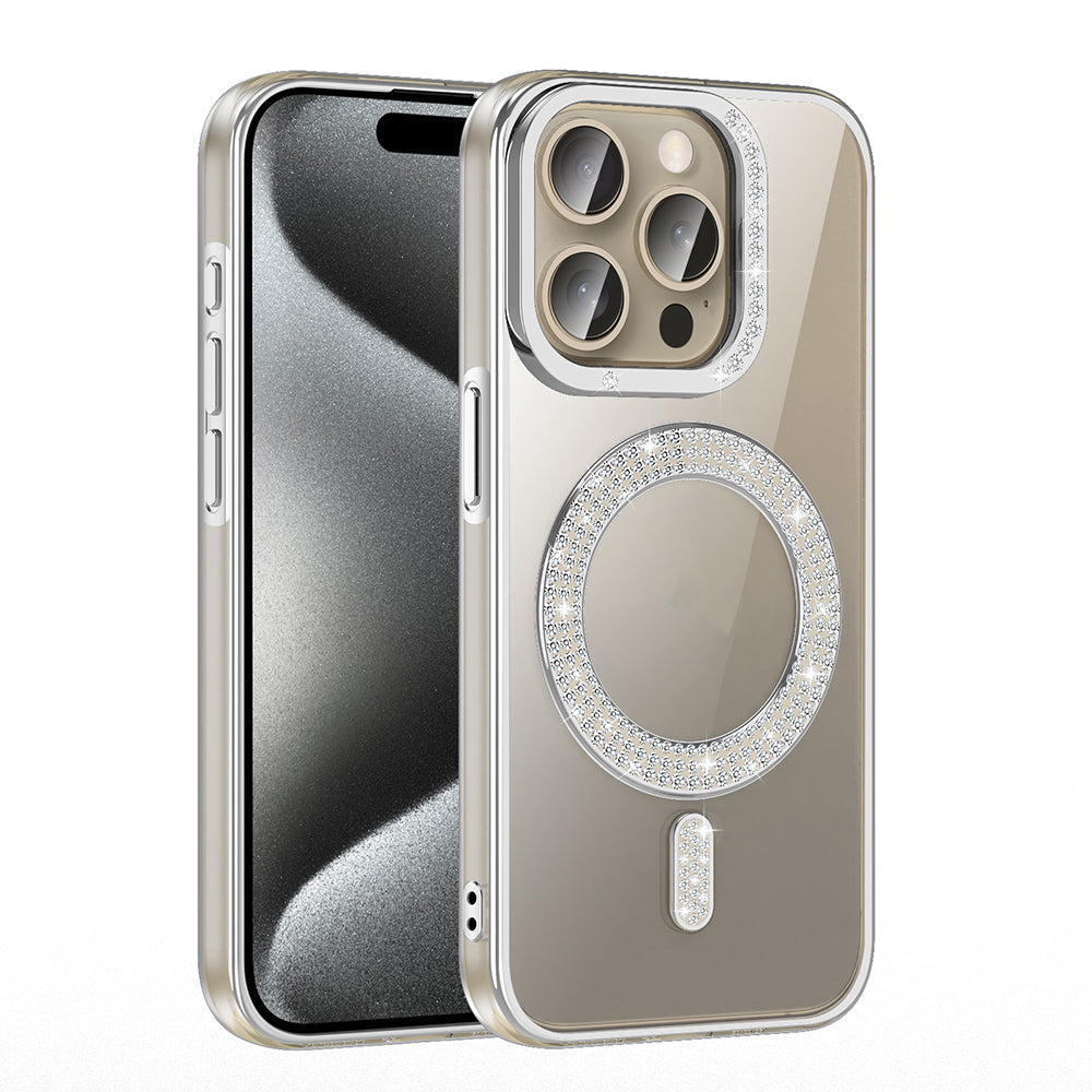 Apple iPhone 15 Pro Kılıf Pırlanta Taş Tasarımlı M-safe Şarj Özellikli Zore Karetta Silikon Kapak Gold