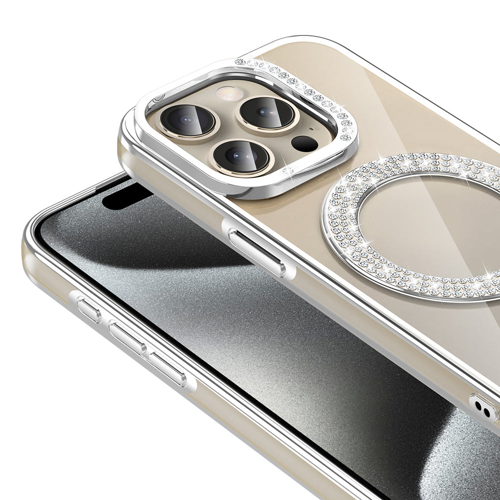 Apple iPhone 15 Pro Kılıf Pırlanta Taş Tasarımlı M-safe Şarj Özellikli Zore Karetta Silikon Kapak Siyah