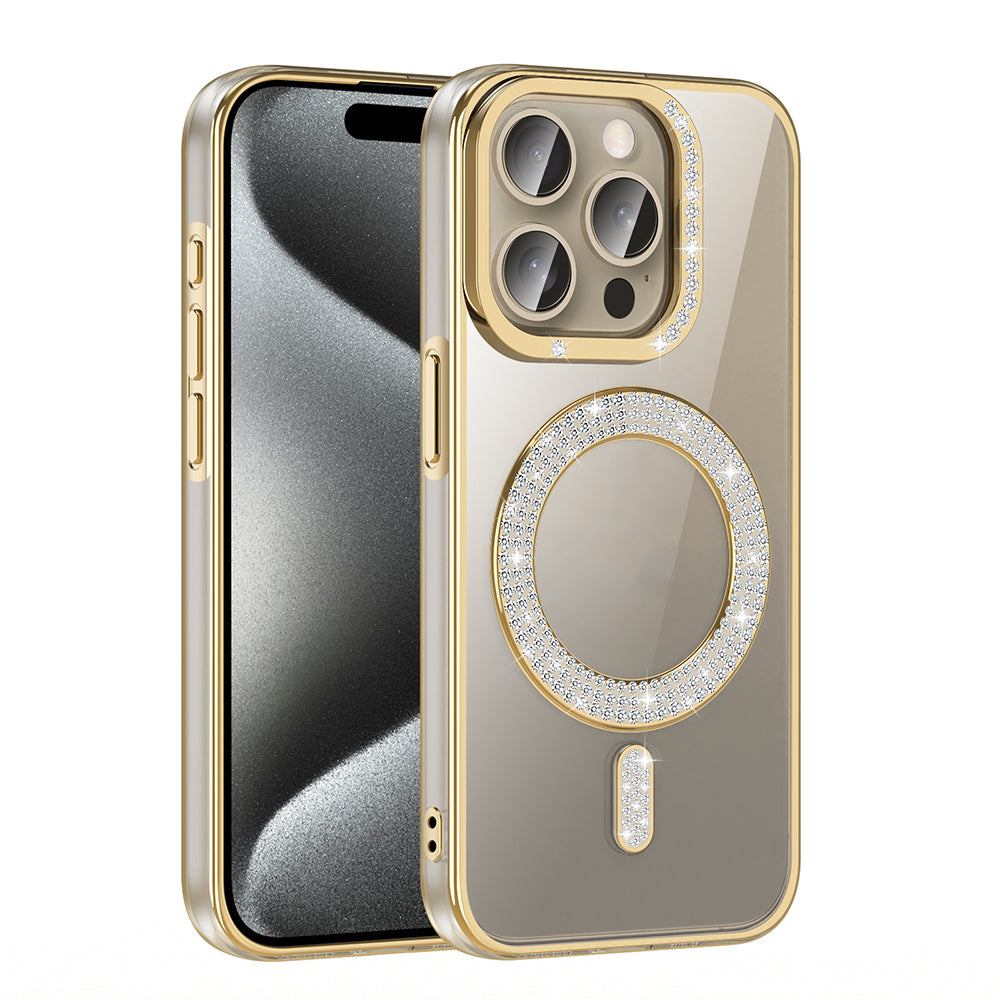Apple iPhone 15 Pro Kılıf Pırlanta Taş Tasarımlı M-safe Şarj Özellikli Zore Karetta Silikon Kapak Mor