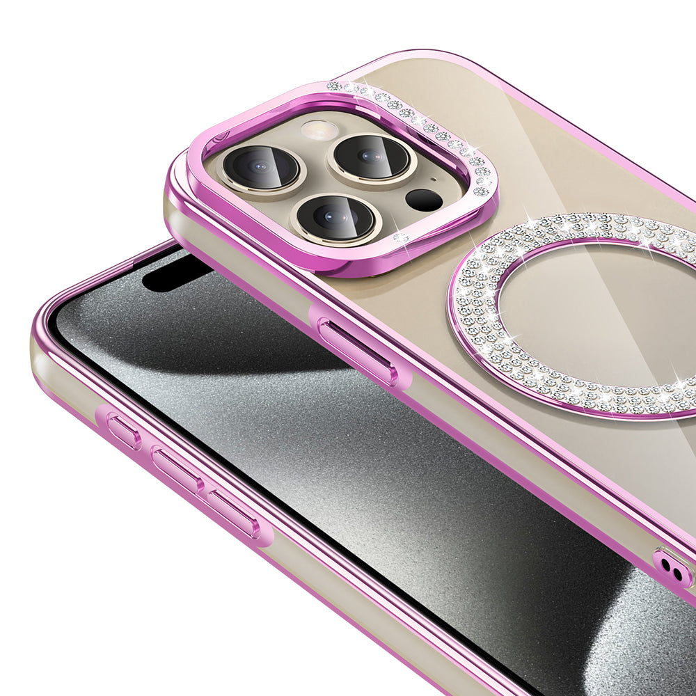 Apple iPhone 15 Pro Kılıf Pırlanta Taş Tasarımlı M-safe Şarj Özellikli Zore Karetta Silikon Kapak Mor