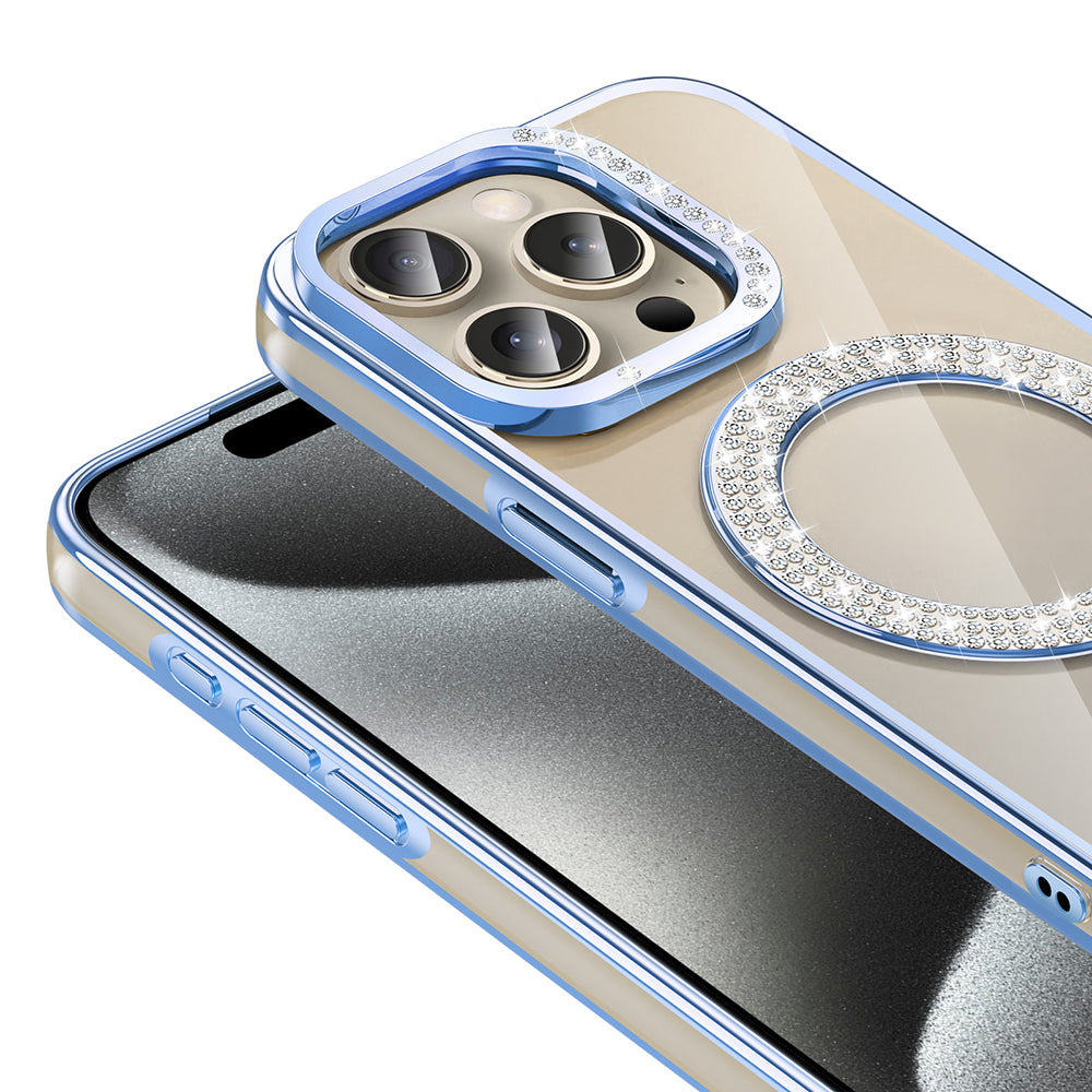 Apple iPhone 15 Pro Kılıf Pırlanta Taş Tasarımlı M-safe Şarj Özellikli Zore Karetta Silikon Kapak Gümüş