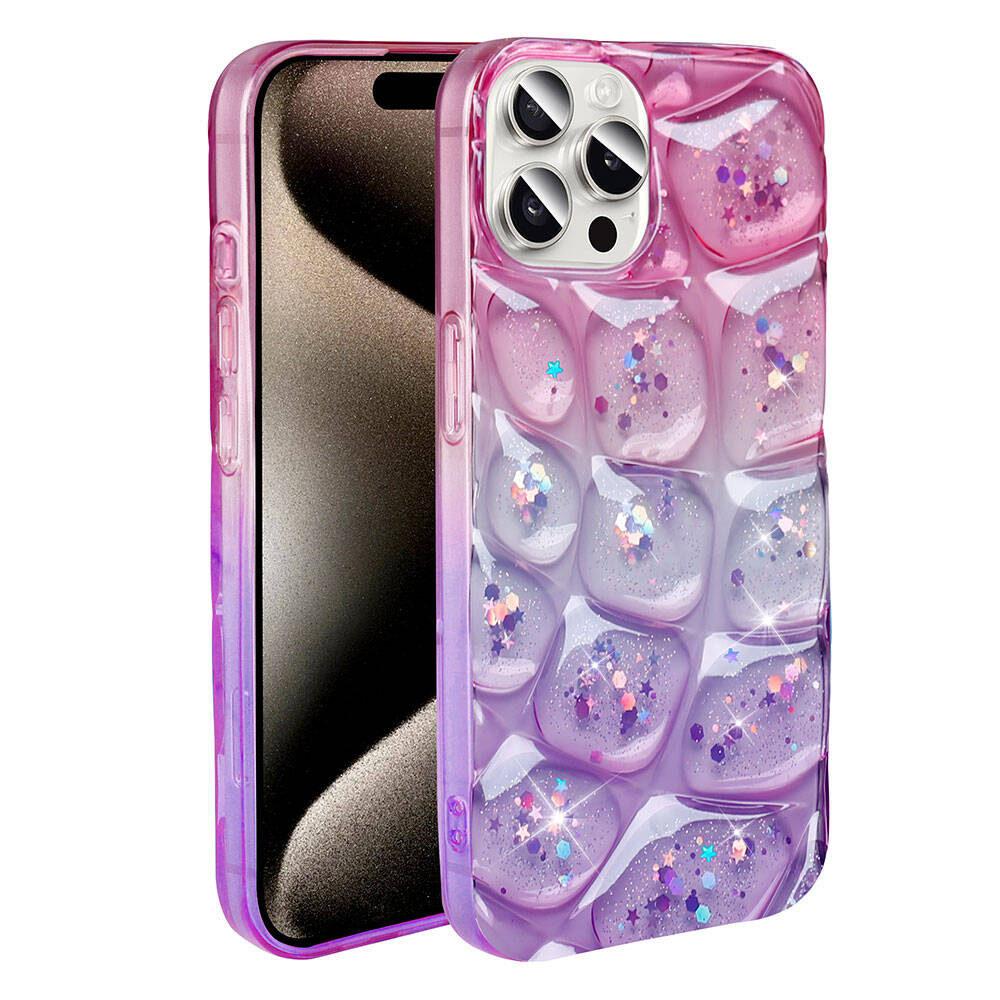 Apple iPhone 15 Pro Kılıf Simli 3D Desenli Zore Hacar Kapak Pembe-Mor