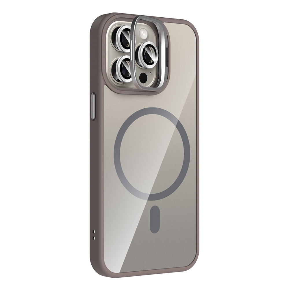 Apple iPhone 15 Pro Kılıf Standlı ve Kamera Lens Hediyeli M-Safe Şarj Özellikli Zore Etro Kapak Desert Titanyum