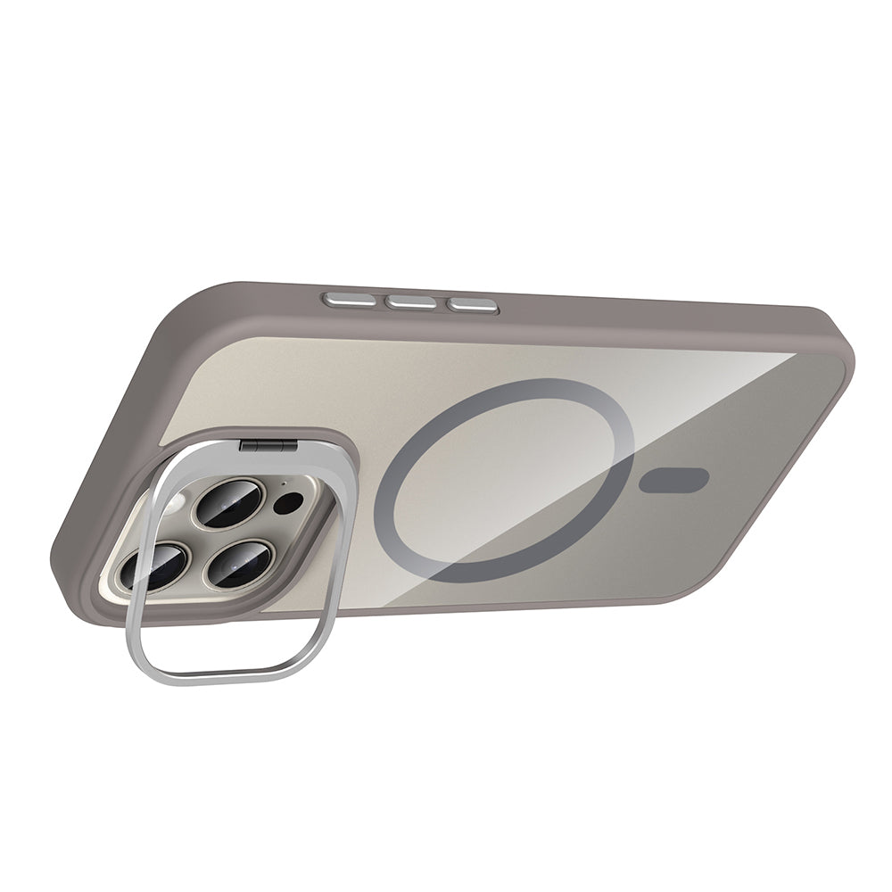 Apple iPhone 15 Pro Kılıf Standlı ve Kamera Lens Hediyeli M-Safe Şarj Özellikli Zore Etro Kapak Gri
