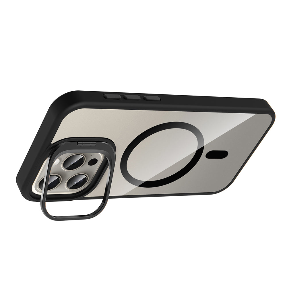 Apple iPhone 15 Pro Kılıf Standlı ve Kamera Lens Hediyeli M-Safe Şarj Özellikli Zore Etro Kapak Gri