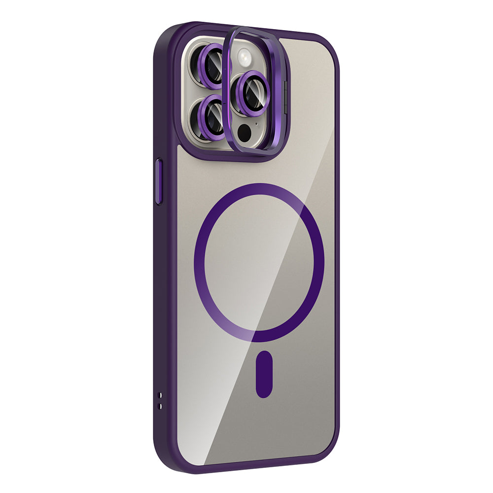 Apple iPhone 15 Pro Kılıf Standlı ve Kamera Lens Hediyeli M-Safe Şarj Özellikli Zore Etro Kapak Pembe